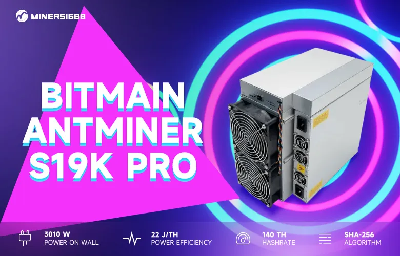 Bitmain Antminer S19k Pro, a high-efficiency SHA-256 Bitcoin mining machine with a hashrate of 120Th/s and power consumption of 2760W, designed for large-scale mining operations.