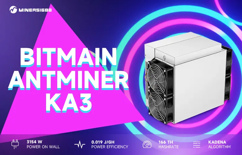 Bitmain Antminer KA3, a powerful Kadena mining machine with a hashrate of 166Th/s and power consumption of 3154W, designed for efficient Kadena algorithm mining.