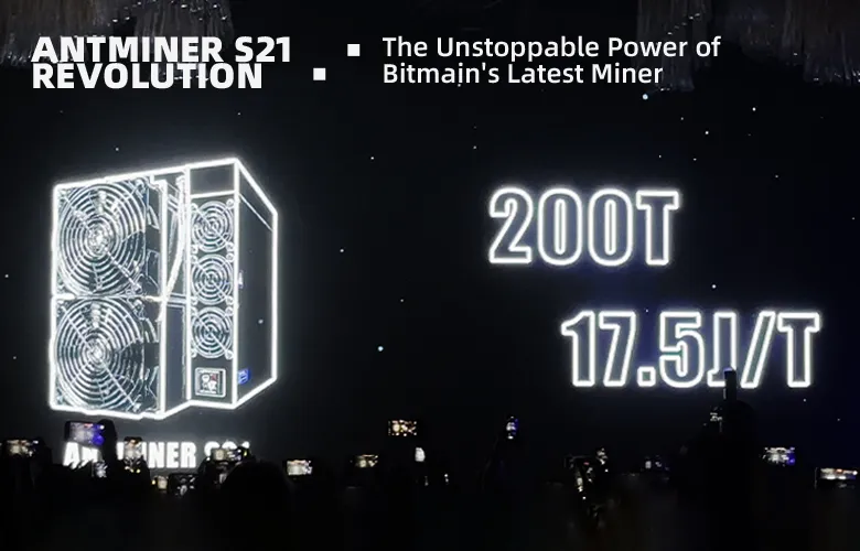 Bitmain Antminer S21, a high-performance Bitcoin mining machine with a hashrate of 200Th/s and power consumption of 3500W, designed for SHA-256 algorithm mining.
