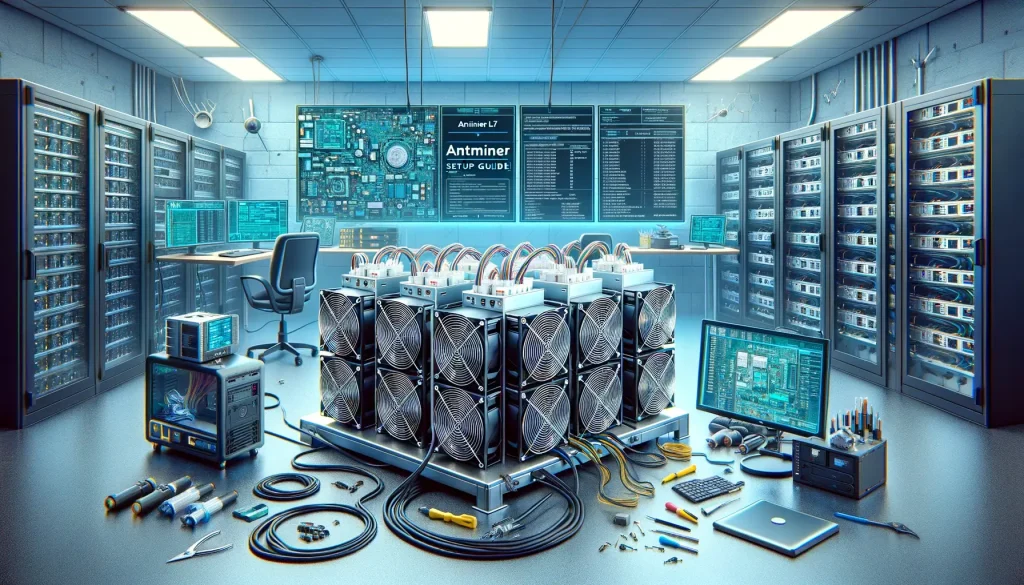 Bitmain Antminer L7, a high-performance Scrypt algorithm miner with a hashrate of 9.05Gh/s and power consumption of 3425W, designed for Litecoin and Dogecoin mining.