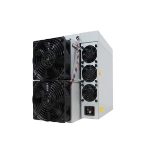 Bitmain Antminer KS5 Pro, a high-performance Kaspa mining machine with a hashrate of 21Th/s, consuming 3150W of power, featuring a durable, industrial design with dual cooling fans.