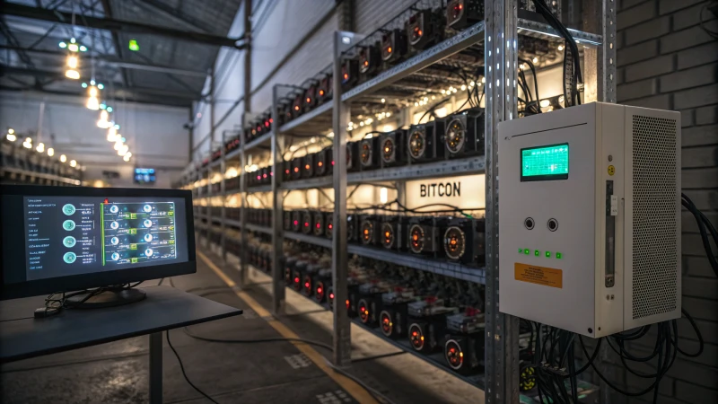 A high-tech Bitcoin mining facility with advanced rigs and screens