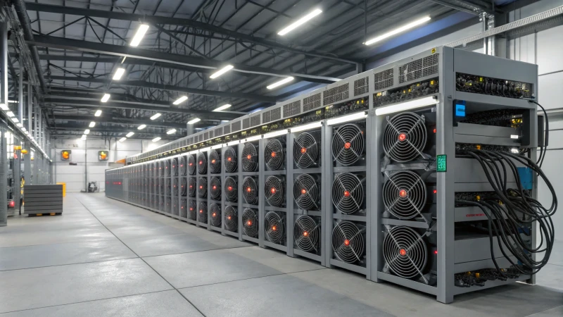 A high-tech Bitcoin mining setup with ASIC miners and cooling units.