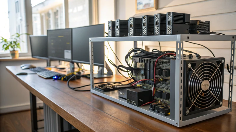 A well-organized cryptocurrency mining workspace with equipment