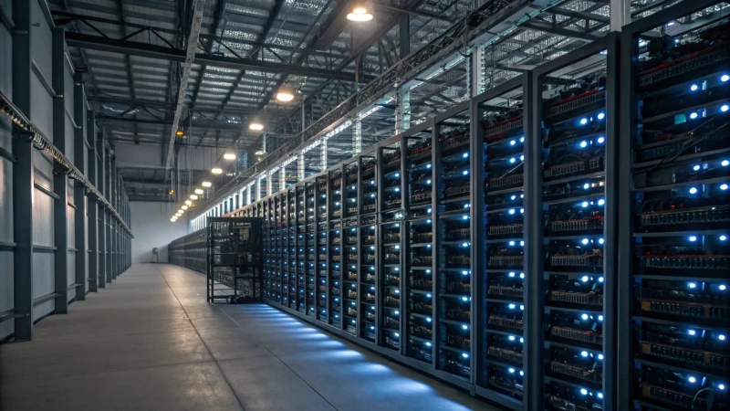 Interior of a Bitcoin mining facility with rows of machines