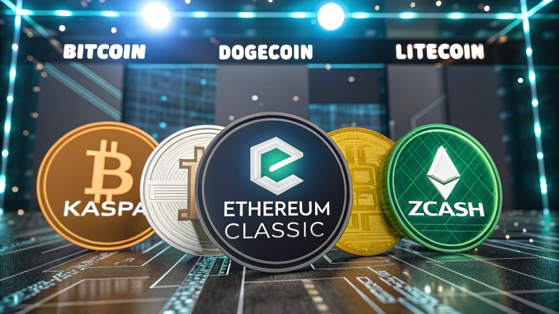 A collage of cryptocurrency logos on a futuristic background