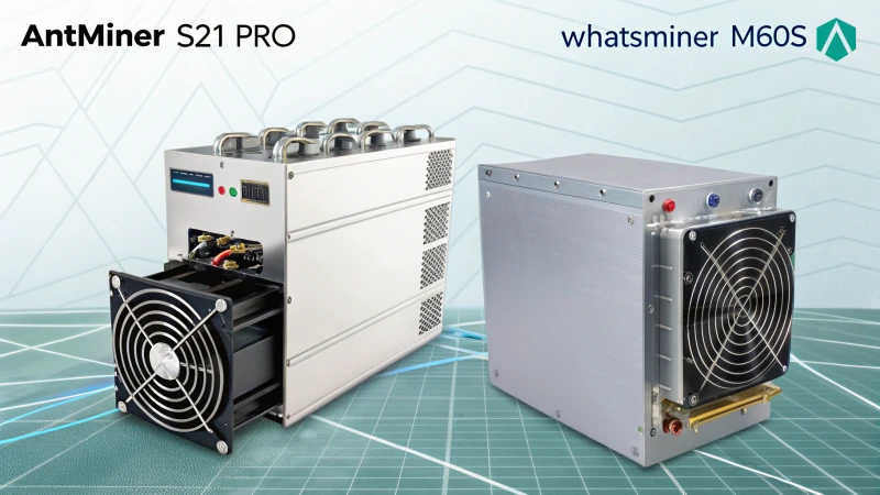Infographic comparing cryptocurrency mining machines Antminer S21 Pro and Whatsminer M60S