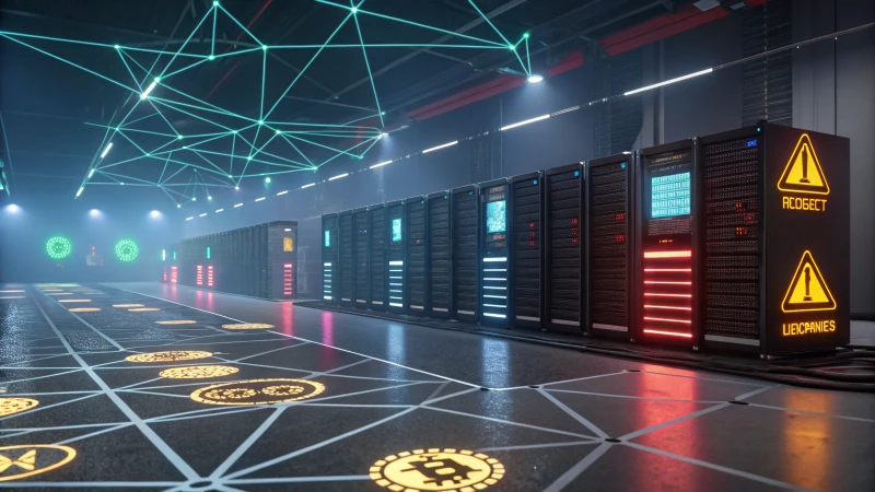 Futuristic digital landscape of cryptocurrency mining pools with security elements.