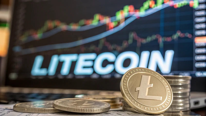Photorealistic image of Litecoin with financial charts in the background